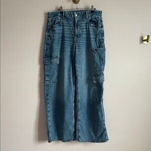 American Eagle Outfitters Cargo Curvy Blue Wide Leg Jeans